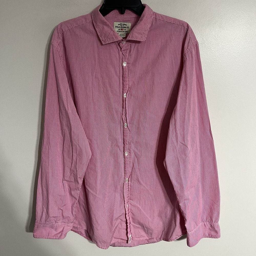 VTG Ralph Lauren Shirt Mens Polo Jeans Button Down Gingham Plaid Pink White XXL - Picture 1 of 11